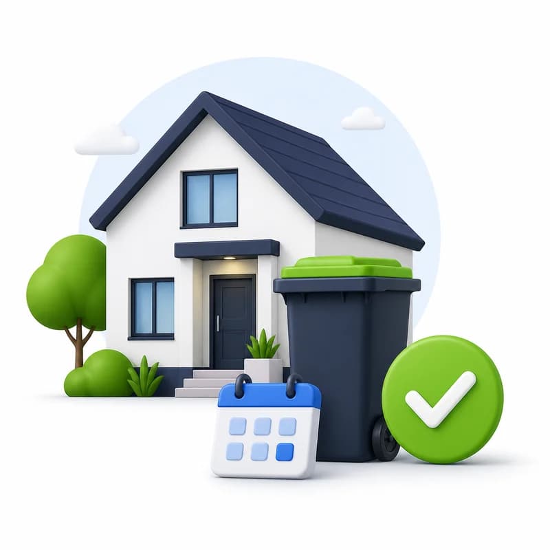 House, wheelie bin, calendar and tick illustration