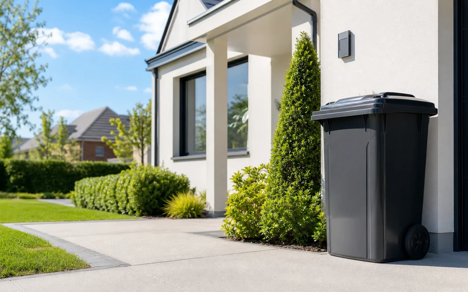 A spotless wheelie bin outside a modern UK home on a sunny day