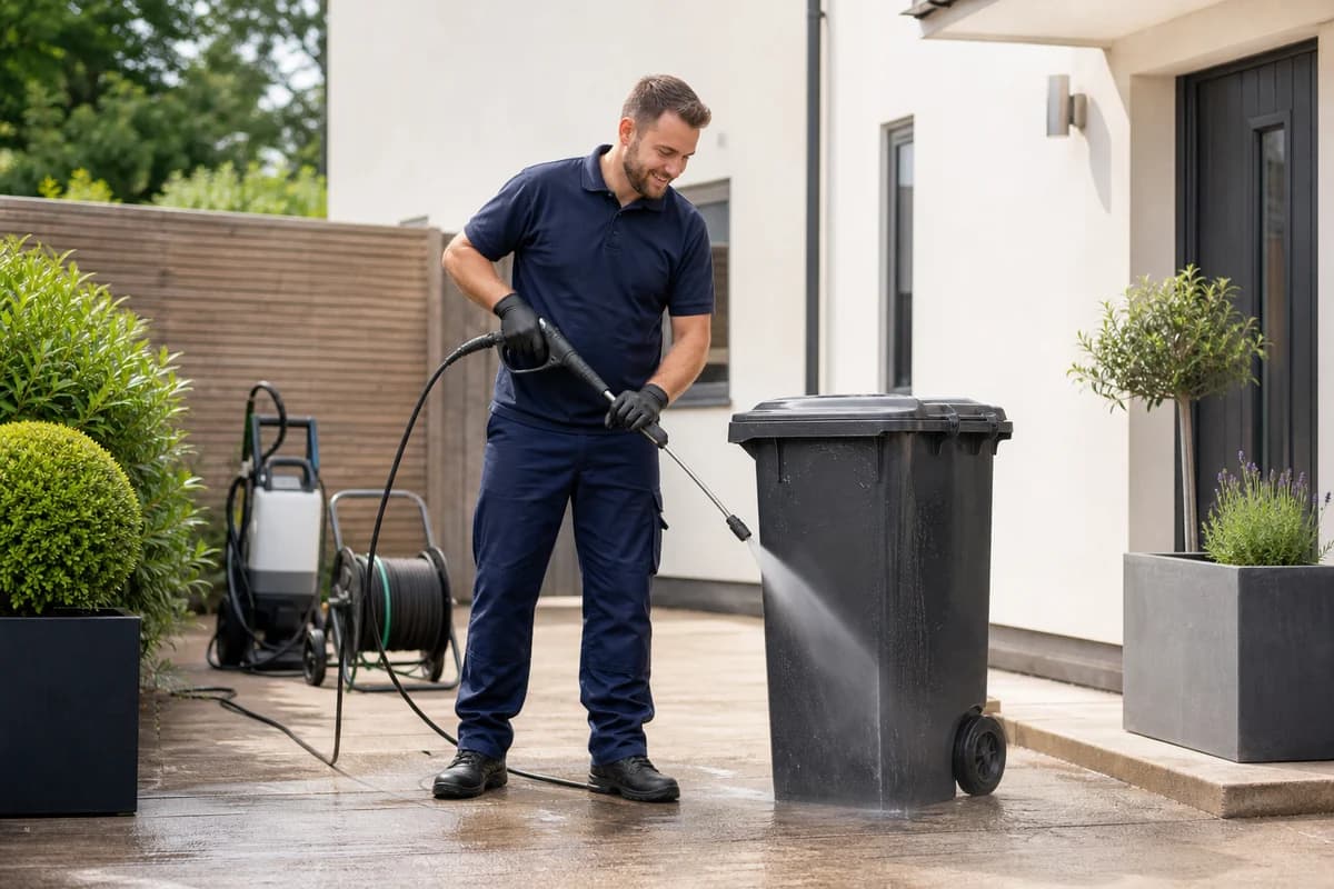 A friendly local cleaner professionally washing a wheelie bin